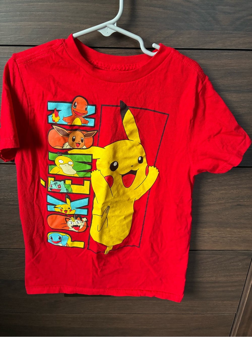 Pokemon Red Tee with Large Yellow Pikachu & Colorful Character Panels